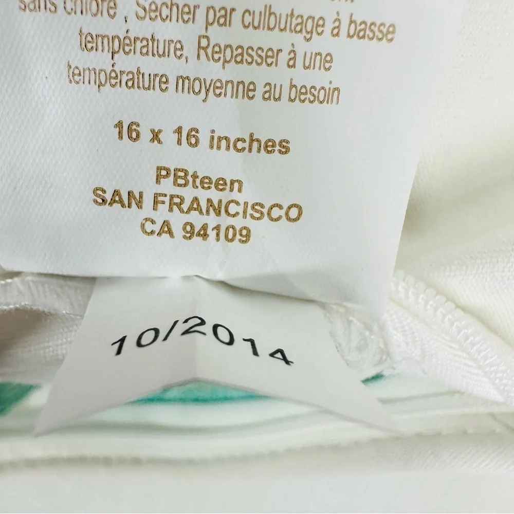 Pottery Barn Teen White Aqua Navy Blue Embroidered Throw Pillow 16x16”